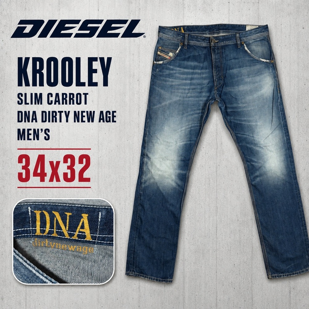 Diesel Krooley Slim Carrot Jeans Mens 34x32 Blue DNA Dirty New Age Wash 0880E